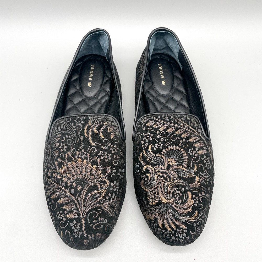 Birdies Womens 9 Starling Loafers Shoes Black Floral Flats Preppy Chic Victorian
